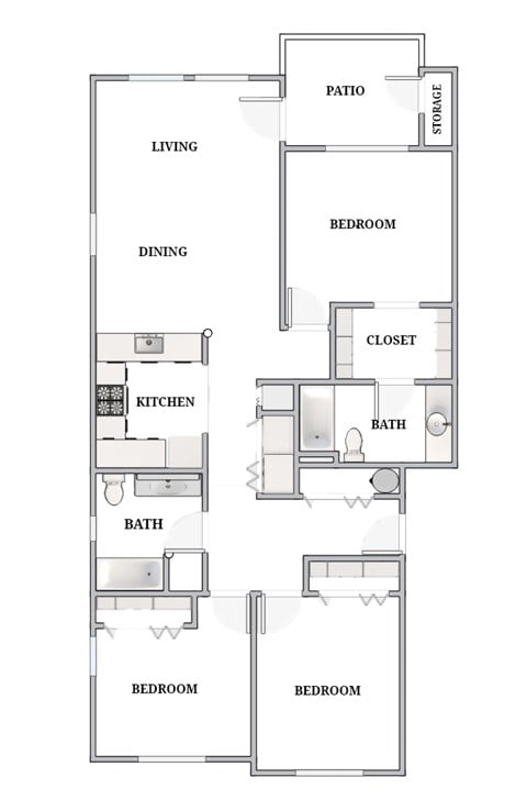 A floor plan of a house with a kitchen, living room, dining room, two bedrooms, a bathroom, a closet, and a storage area.
